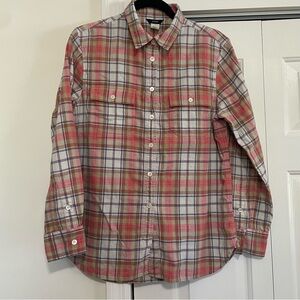 J.Crew Vintage Ladies Tan Pink Blue Plaid Button Down Shirt Size Small